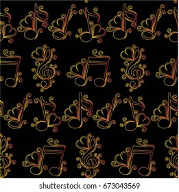 Endless abstract pattern. Background texture, note, treble clef, music, sound.  Vector illustration.