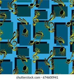 Endless abstract pattern. Background texture, note, treble clef, music, sound.  Vector illustration.