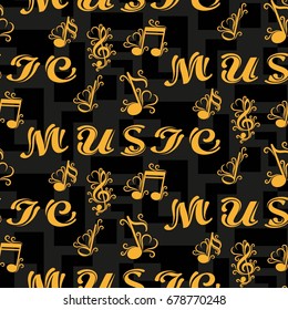 Endless abstract pattern. Background texture, note, treble clef, music, sound.  Vector illustration.