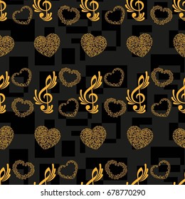 Endless abstract pattern. Background texture, note, treble clef, music, sound.  Vector illustration.