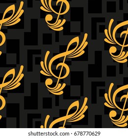 Endless abstract pattern. Background texture, note, treble clef, music, sound.  Vector illustration.