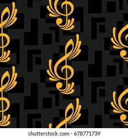 Endless abstract pattern. Background texture, note, treble clef, music, sound.  Vector illustration.