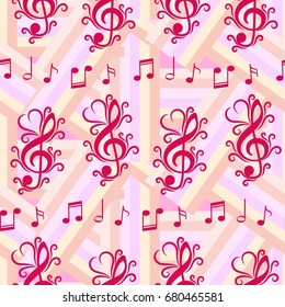 Endless abstract pattern. Background texture, note, treble clef, music, sound.  Vector illustration.