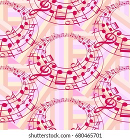 Endless abstract pattern. Background texture, note, treble clef, music, sound.  Vector illustration.