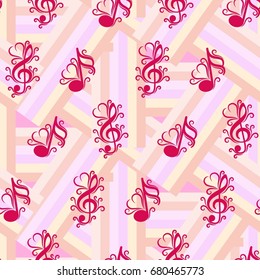 Endless abstract pattern. Background texture, note, treble clef, music, sound.  Vector illustration.