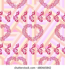 Endless abstract pattern. Background texture, note, treble clef, music, sound.  Vector illustration.