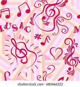 Endless abstract pattern. Background texture, note, treble clef, music, sound.  Vector illustration.