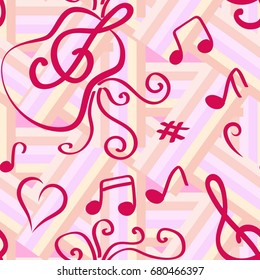 Endless abstract pattern. Background texture, note, treble clef, music, sound.  Vector illustration.