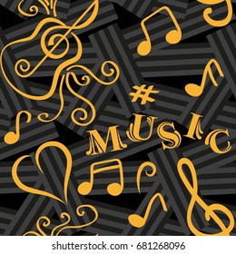 Endless abstract pattern. Background texture, note, treble clef, music, sound.  Vector illustration.