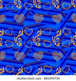 Endless abstract pattern. Background texture, note, treble clef, music, sound.  Vector illustration.