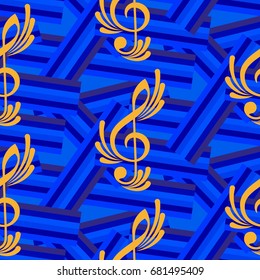 Endless abstract pattern. Background texture, note, treble clef, music, sound.  Vector illustration.