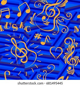 Endless abstract pattern. Background texture, note, treble clef, music, sound.  Vector illustration.