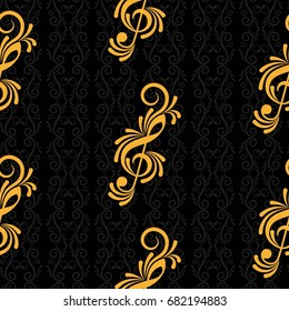 Endless abstract pattern. Background texture, note, treble clef, music, sound.  Vector illustration.
