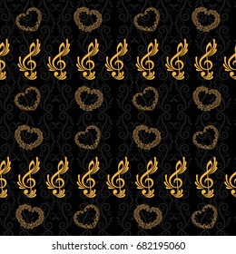 Endless abstract pattern. Background texture, note, treble clef, music, sound.  Vector illustration.