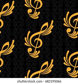 Endless abstract pattern. Background texture, note, treble clef, music, sound.  Vector illustration.