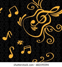 Endless abstract pattern. Background texture, note, treble clef, music, sound.  Vector illustration.