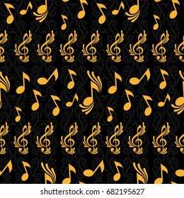 Endless abstract pattern. Background texture, note, treble clef, music, sound.  Vector illustration.