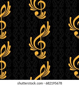 Endless abstract pattern. Background texture, note, treble clef, music, sound.  Vector illustration.