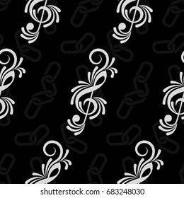 Endless abstract pattern. Background texture, note, treble clef, music, sound.  Vector illustration.