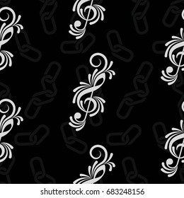 Endless abstract pattern. Background texture, note, treble clef, music, sound.  Vector illustration.