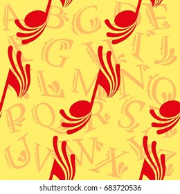 Endless abstract pattern. Background texture, note, treble clef, music, sound.  Vector illustration.