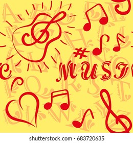 Endless abstract pattern. Background texture, note, treble clef, music, sound.  Vector illustration.