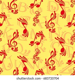 Endless abstract pattern. Background texture, note, treble clef, music, sound.  Vector illustration.