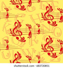 Endless abstract pattern. Background texture, note, treble clef, music, sound.  Vector illustration.