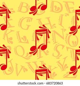 Endless abstract pattern. Background texture, note, treble clef, music, sound.  Vector illustration.
