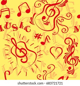 Endless abstract pattern. Background texture, note, treble clef, music, sound.  Vector illustration.