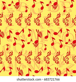 Endless abstract pattern. Background texture, note, treble clef, music, sound.  Vector illustration.