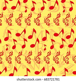 Endless abstract pattern. Background texture, note, treble clef, music, sound.  Vector illustration.