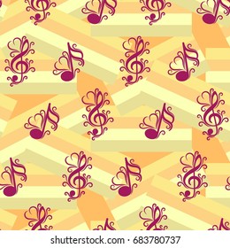 Endless abstract pattern. Background texture, note, treble clef, music, sound.  Vector illustration.