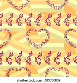 Endless abstract pattern. Background texture, note, treble clef, music, sound.  Vector illustration.