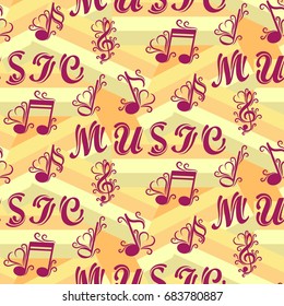 Endless abstract pattern. Background texture, note, treble clef, music, sound.  Vector illustration.