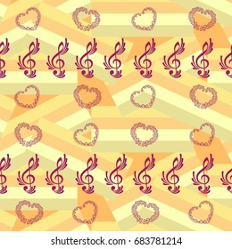Endless abstract pattern. Background texture, note, treble clef, music, sound.  Vector illustration.