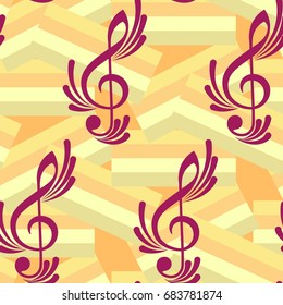 Endless abstract pattern. Background texture, note, treble clef, music, sound.  Vector illustration.