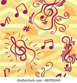 Endless abstract pattern. Background texture, note, treble clef, music, sound.  Vector illustration.