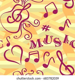 Endless abstract pattern. Background texture, note, treble clef, music, sound.  Vector illustration.