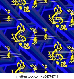 Endless abstract pattern. Background texture, note, treble clef, music, sound.  Vector illustration.