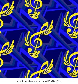 Endless abstract pattern. Background texture, note, treble clef, music, sound.  Vector illustration.