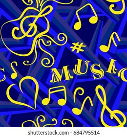 Endless abstract pattern. Background texture, note, treble clef, music, sound.  Vector illustration.
