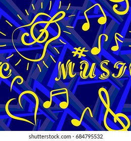 Endless abstract pattern. Background texture, note, treble clef, music, sound.  Vector illustration.