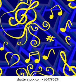 Endless abstract pattern. Background texture, note, treble clef, music, sound.  Vector illustration.