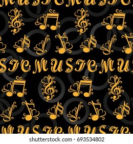 Endless abstract pattern. Background texture, note, treble clef, music, sound.  Vector illustration.