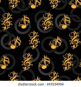 Endless abstract pattern. Background texture, note, treble clef, music, sound.  Vector illustration.