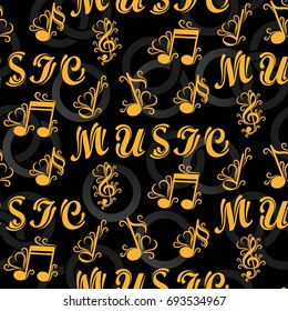 Endless abstract pattern. Background texture, note, treble clef, music, sound.  Vector illustration.