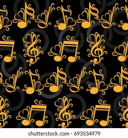 Endless abstract pattern. Background texture, note, treble clef, music, sound.  Vector illustration.