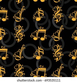 Endless abstract pattern. Background texture, note, treble clef, music, sound.  Vector illustration.