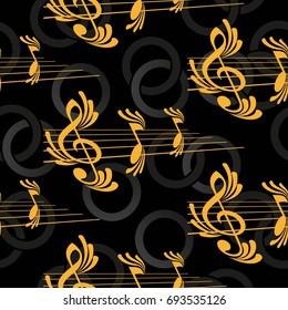 Endless abstract pattern. Background texture, note, treble clef, music, sound.  Vector illustration.